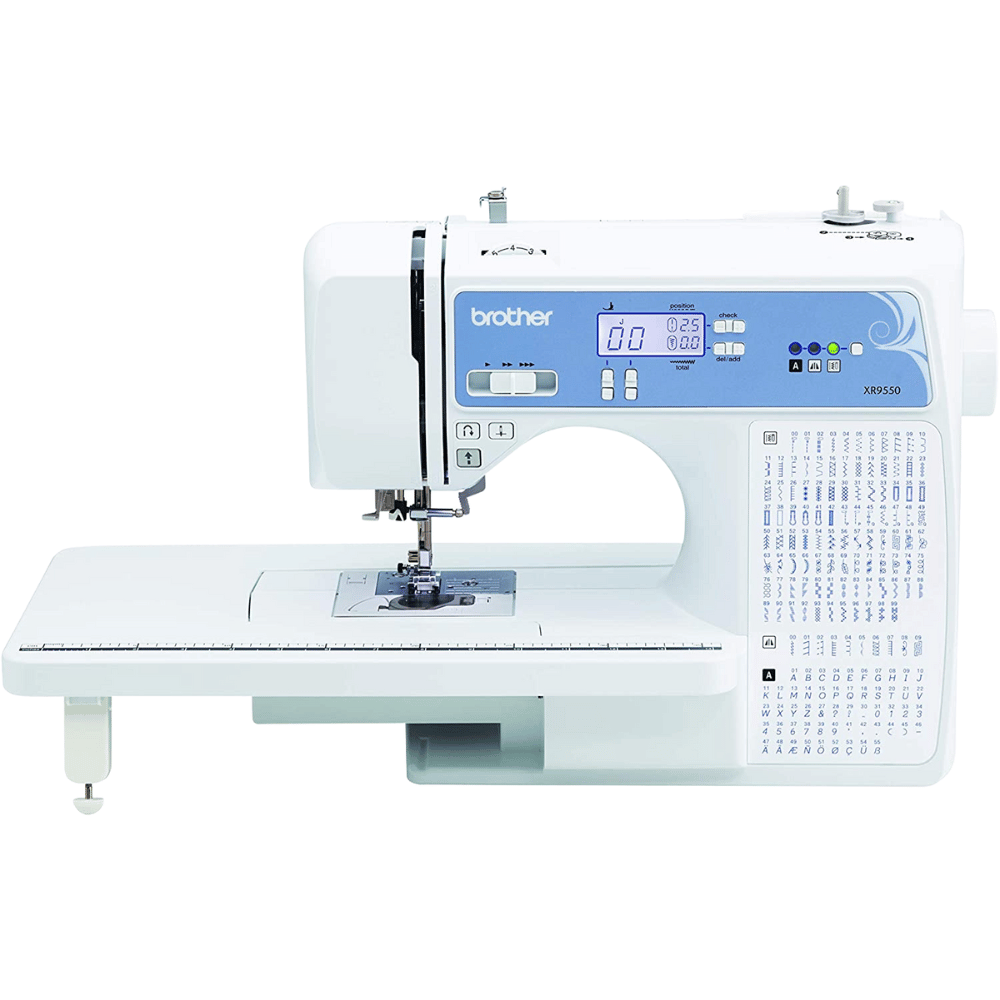 Brother XR9550 Sewing and Quilting Machine, Computerized, 165 Built-in Stitches, LCD Display, Wide Table, 8 Included Presser Feet, 20x12x17, White